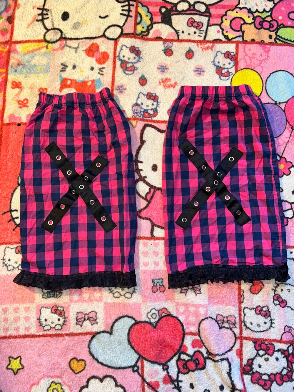 Pink and Black Plaid Leg Warmers with Grommet X Detail